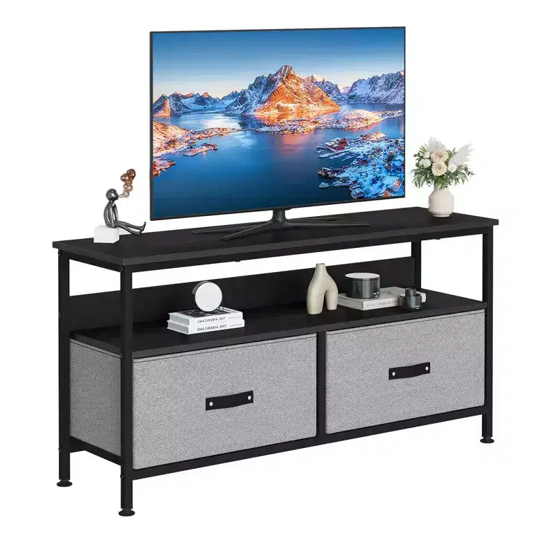 Mueble de TV apto para televisores de 32 a 55 pulgadas - 2 cajones de tela, pequeño mueble multimedia con compartimento abierto y patas ajustables para dormitorio o sala de estar