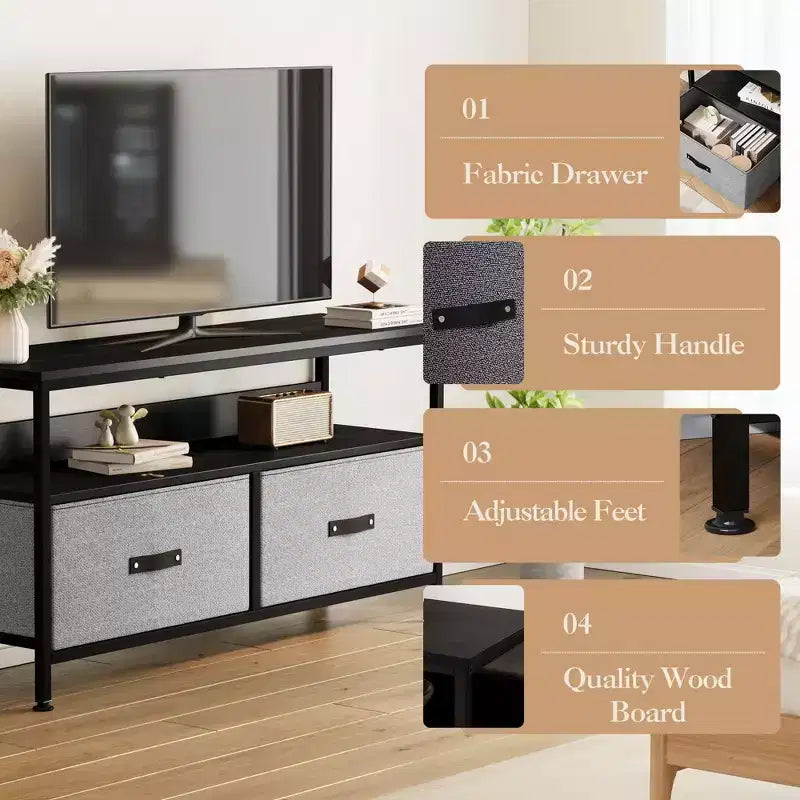 Mueble de TV apto para televisores de 32 a 55 pulgadas - 2 cajones de tela, pequeño mueble multimedia con compartimento abierto y patas ajustables para dormitorio o sala de estar
