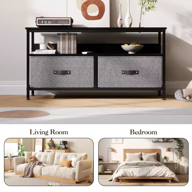 Mueble de TV apto para televisores de 32 a 55 pulgadas - 2 cajones de tela, pequeño mueble multimedia con compartimento abierto y patas ajustables para dormitorio o sala de estar