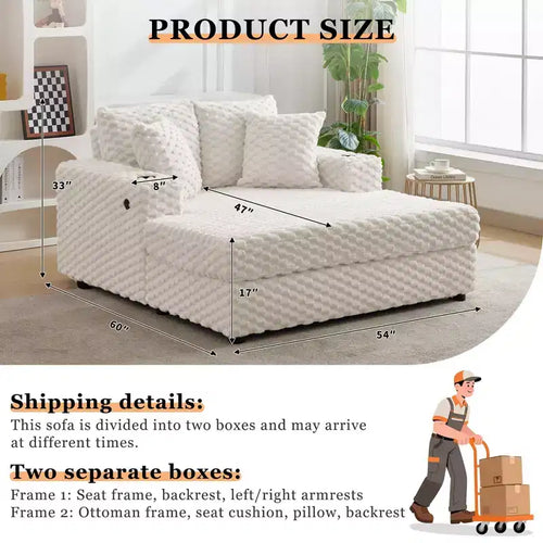 Sofá Cama Chaise Longue de Chenilla Beige/Gris – 2 plazas