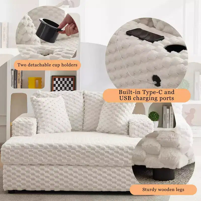Sofá Cama Chaise Longue de Chenilla Beige/Gris – 2 plazas