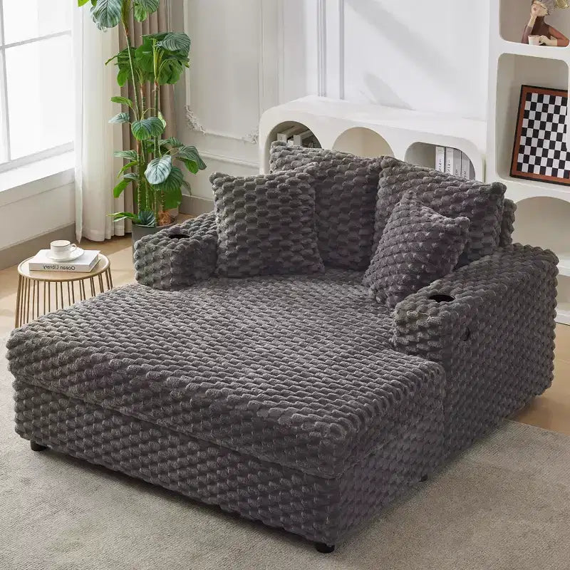 Sofá Cama Chaise Longue de Chenilla Beige/Gris – 2 plazas