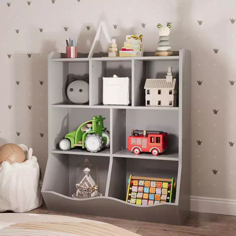 Librería de madera de 7 cubículos para niños, marrón/gris/blanco con cajones, juego de 2