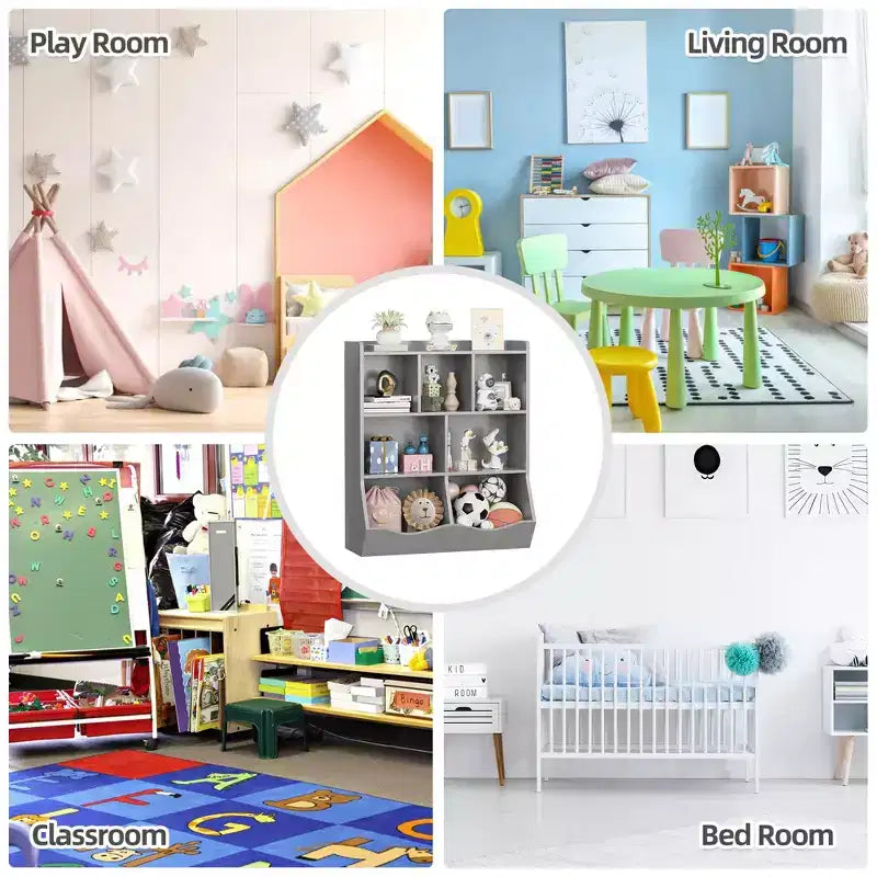 Librería de madera de 7 cubículos para niños, marrón/gris/blanco con cajones, juego de 2