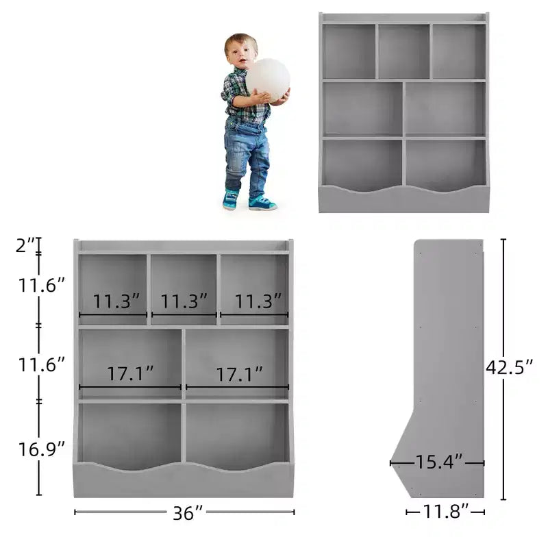 Librería de madera de 7 cubículos para niños, marrón/gris/blanco con cajones, juego de 2