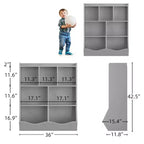 Librería de madera de 7 cubículos para niños, marrón/gris/blanco con cajones, juego de 2
