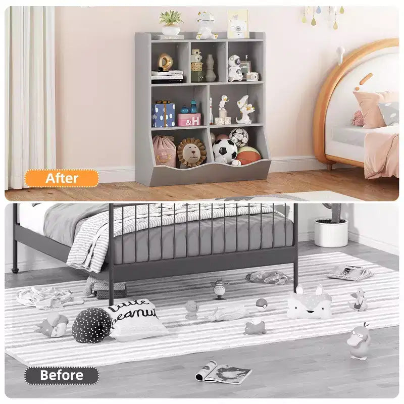 Librería de madera de 7 cubículos para niños, marrón/gris/blanco con cajones, juego de 2
