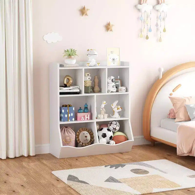 Librería de madera de 7 cubículos para niños, marrón/gris/blanco con cajones, juego de 2