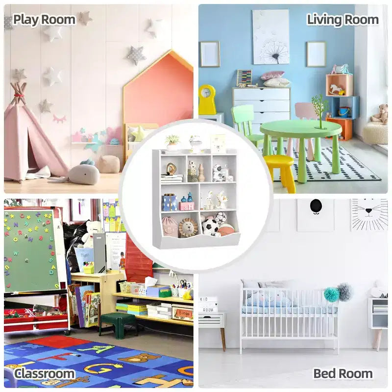Librería de madera de 7 cubículos para niños, marrón/gris/blanco con cajones, juego de 2