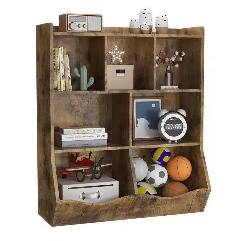 Librería de madera de 7 cubículos para niños, marrón/gris/blanco con cajones, juego de 2