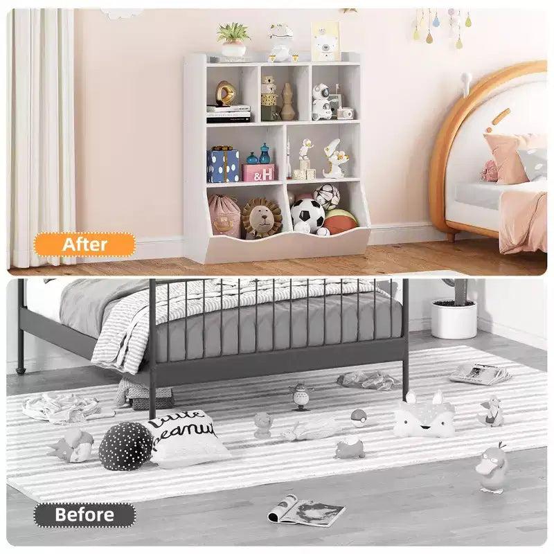 Librería de madera de 7 cubículos para niños, marrón/gris/blanco con cajones, juego de 2