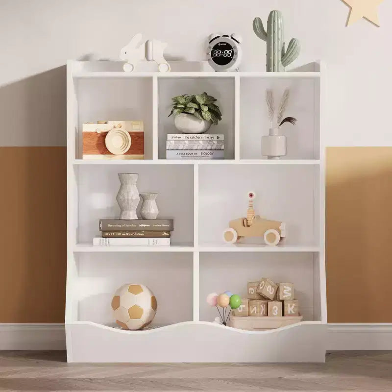 Librería de madera de 7 cubículos para niños, marrón/gris/blanco con cajones, juego de 2