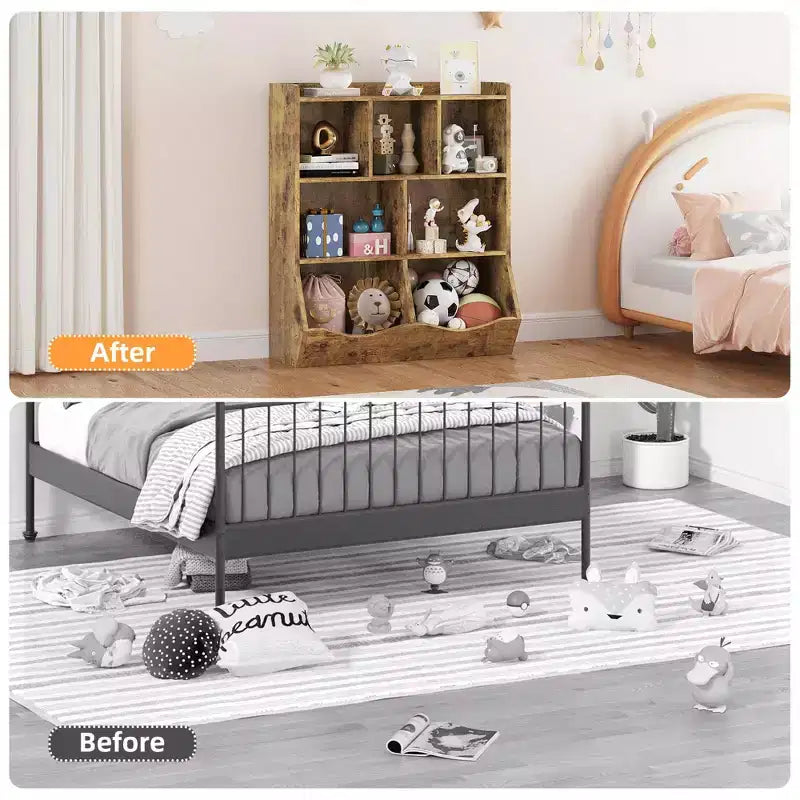 Librería de madera de 7 cubículos para niños, marrón/gris/blanco con cajones, juego de 2