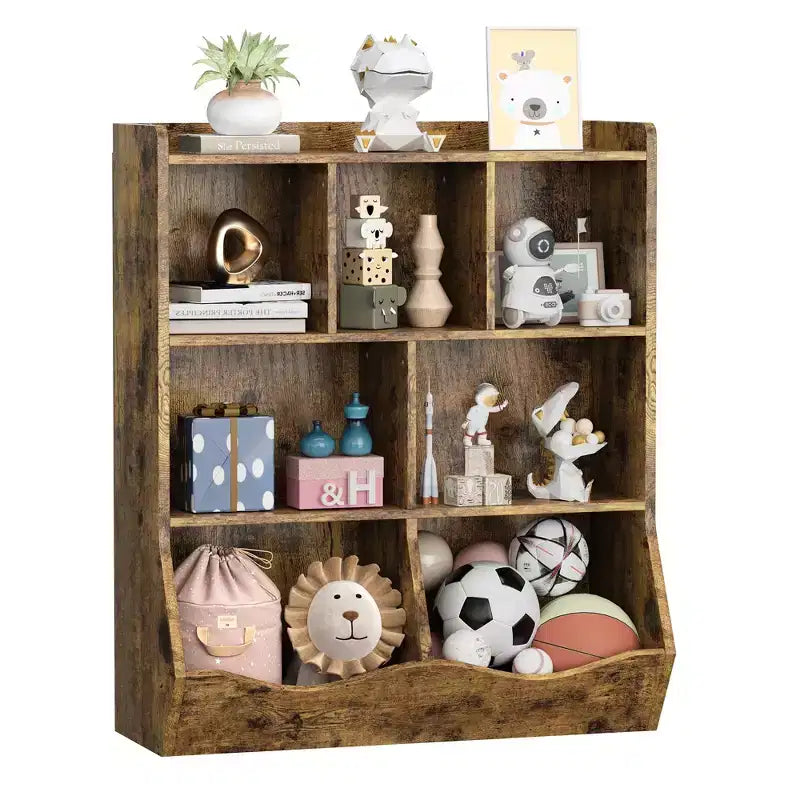 Librería de madera de 7 cubículos para niños, marrón/gris/blanco con cajones, juego de 2