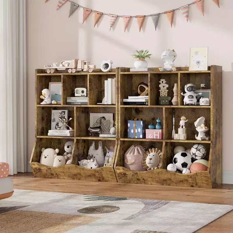 Toy Storage Organizer, 2 Set 7-Cubby Large Kids Wood Bookcase with 3 Drawers, 3-Tier Toy Cabinet