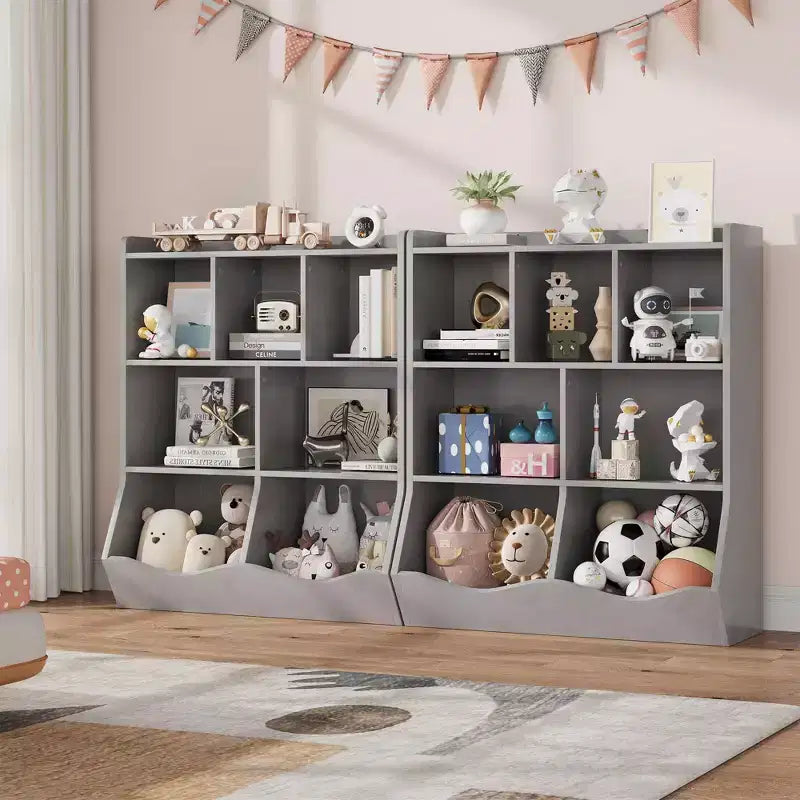 Librería de madera de 7 cubículos para niños, marrón/gris/blanco con cajones, juego de 2