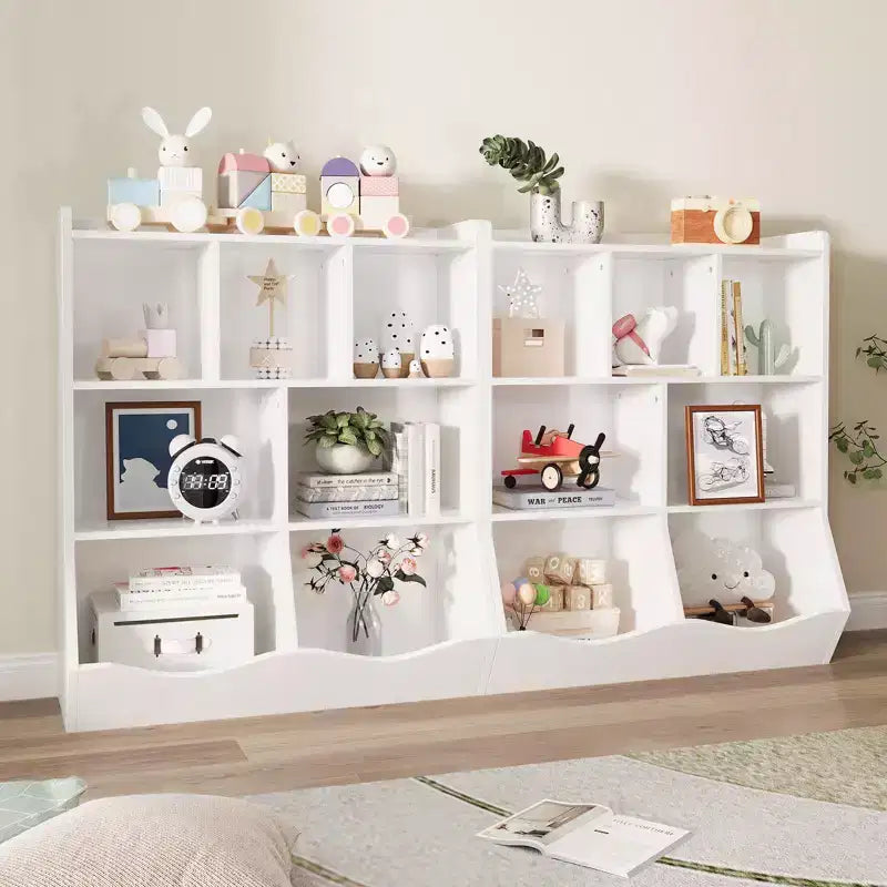 Librería de madera de 7 cubículos para niños, marrón/gris/blanco con cajones, juego de 2