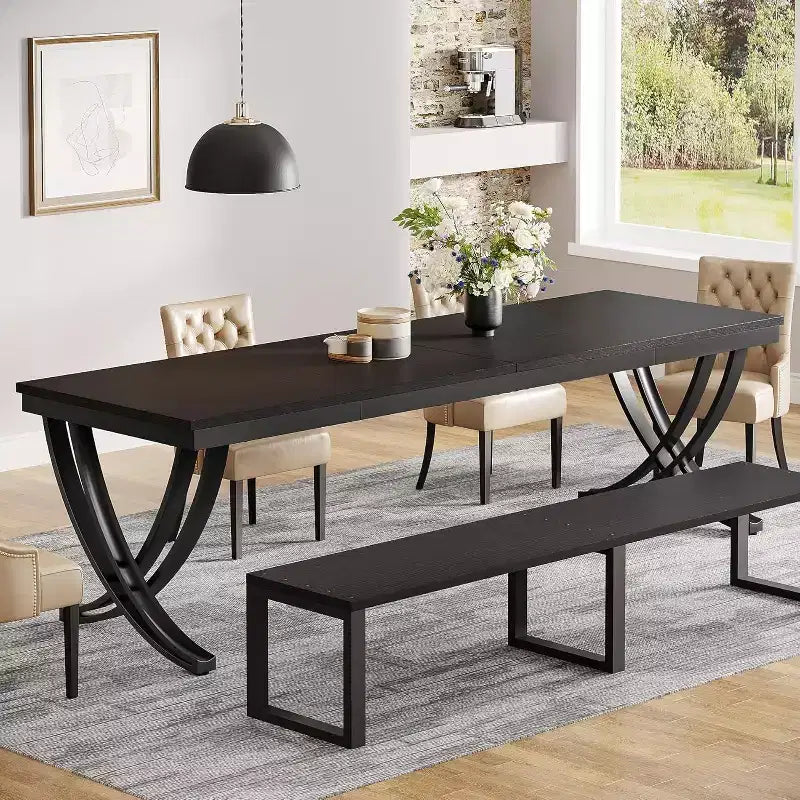 Mesa de comedor rectangular negra, estilo rústico, capacidad para 4 a 6 personas