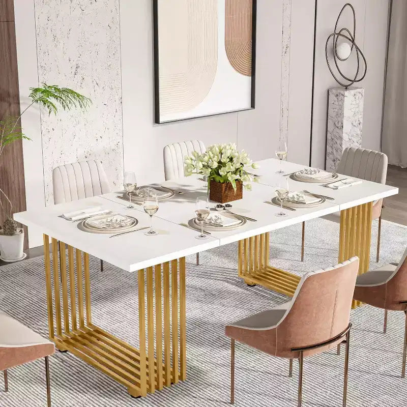 Mesa de comedor rectangular blanca y dorada, capacidad para 6-8 personas