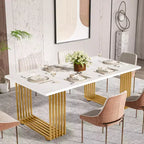 Mesa de comedor rectangular blanca y dorada, capacidad para 6-8 personas