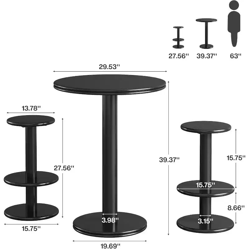 Juego de mesa de bar redonda negra, 3 piezas, 4 asientos