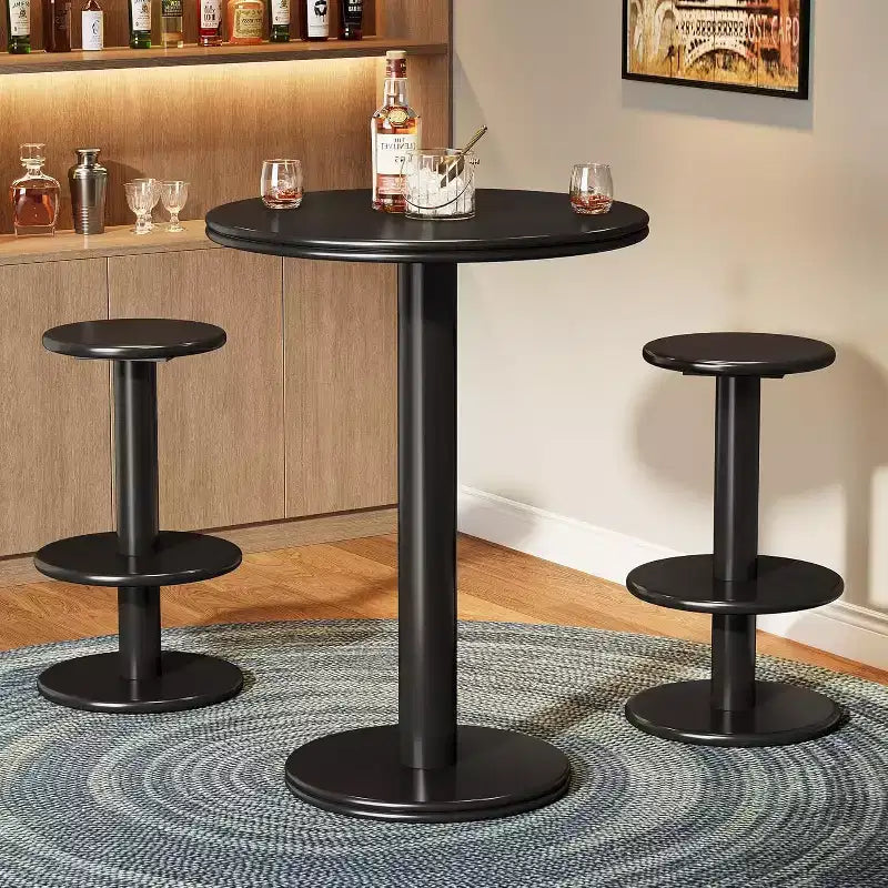 Juego de mesa de bar redonda negra, 3 piezas, 4 asientos