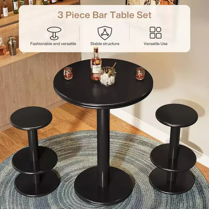 Juego de mesa de bar redonda negra, 3 piezas, 4 asientos