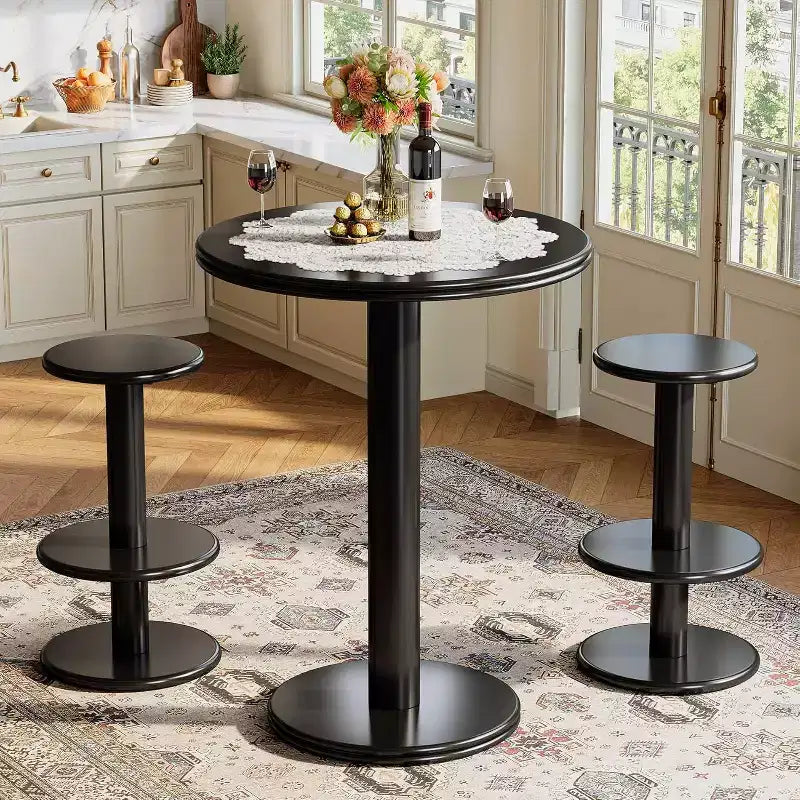 Juego de mesa de bar redonda negra, 3 piezas, 4 asientos