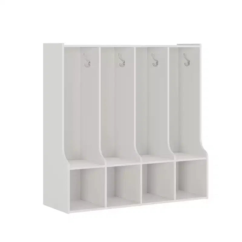 Marrón/Blanco | Taquilla cubículo de madera de 4 secciones con 8 ganchos | Para 8 usuarios