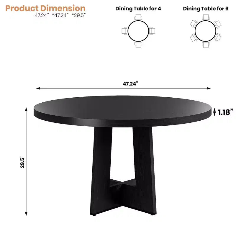 Mesa de comedor redonda de 47", negro / natural / nogal, 4 a 6 plazas