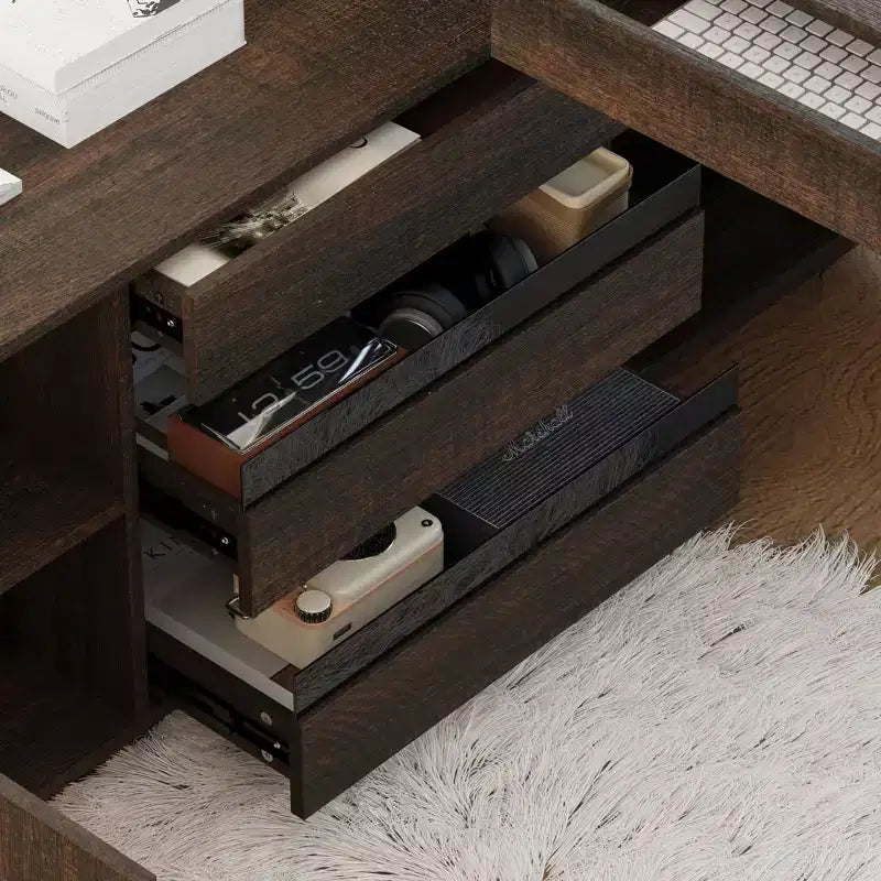 Escritorio Elevable Eléctrico en Forma de L de Madera Oscura con Armario de Almacenamiento – 1 Persona