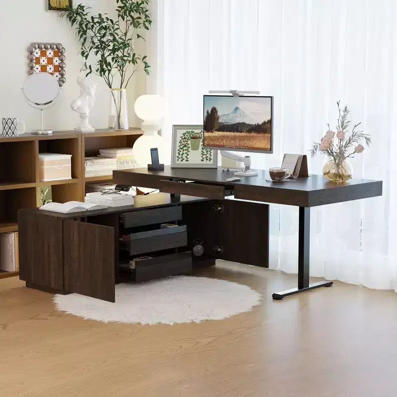 Escritorio Elevable Eléctrico en Forma de L de Madera Oscura con Armario de Almacenamiento – 1 Persona
