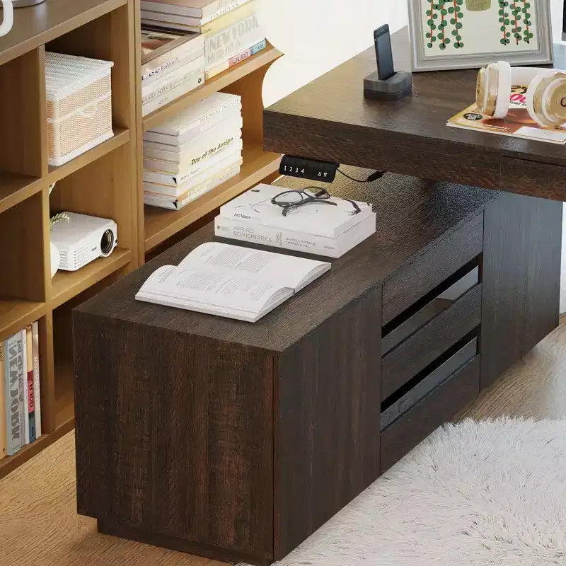 Escritorio Elevable Eléctrico en Forma de L de Madera Oscura con Armario de Almacenamiento – 1 Persona