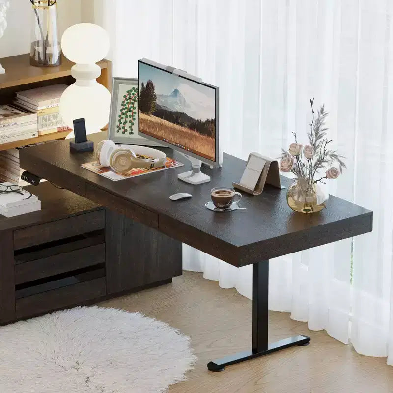 Escritorio Elevable Eléctrico en Forma de L de Madera Oscura con Armario de Almacenamiento – 1 Persona