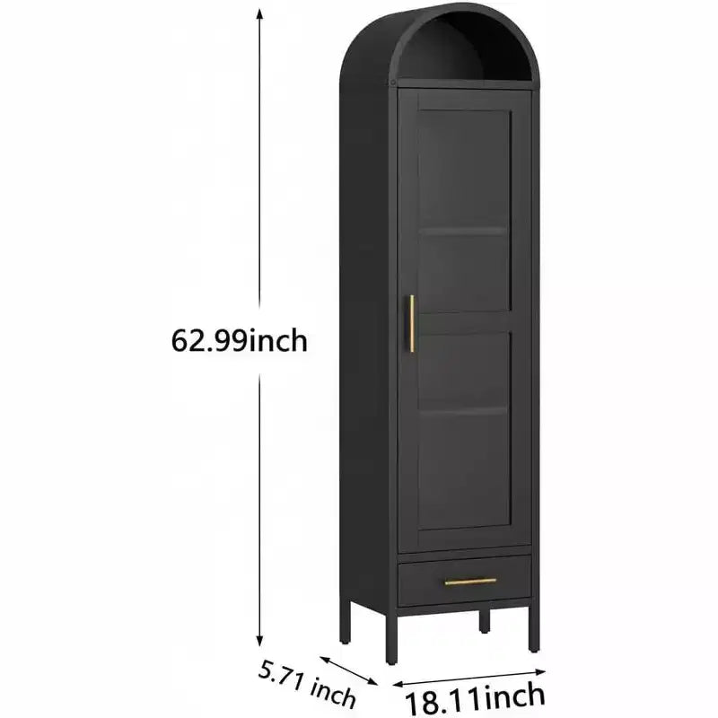 Armario metálico arqueado negro, puerta de cristal y cajón, 1 persona