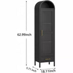 Armario metálico arqueado negro, puerta de cristal y cajón, 1 persona
