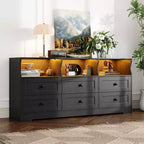 Dresser, 63 Inch 6 Drawer Chest of Drawers with RGB Lights & Power Outlet, Wooden TV Stand with Open Shelves