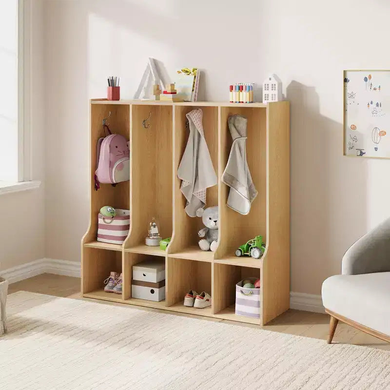 Taquilla con 4 compartimentos y 8 perchas, marrón/blanco, para niños