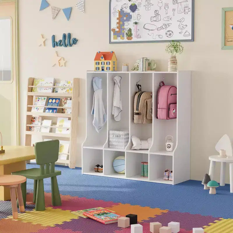 Taquilla con 4 compartimentos y 8 perchas, marrón/blanco, para niños