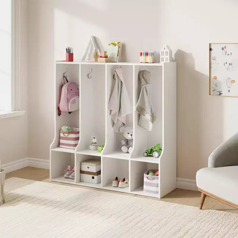 Taquilla con 4 compartimentos y 8 perchas, marrón/blanco, para niños