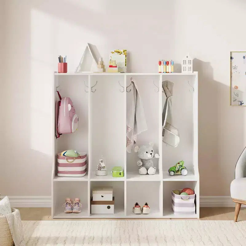 Taquilla con 4 compartimentos y 8 perchas, marrón/blanco, para niños