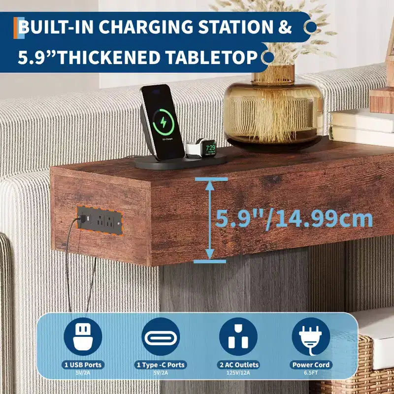 Mesa consola de agroturismo de 63" y 2 niveles con almacenamiento y estación de carga – Marrón / Marrón y gris / Gris