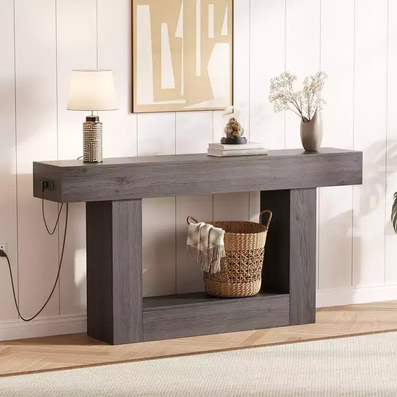 Mesa consola de agroturismo de 63" y 2 niveles con almacenamiento y estación de carga – Marrón / Marrón y gris / Gris