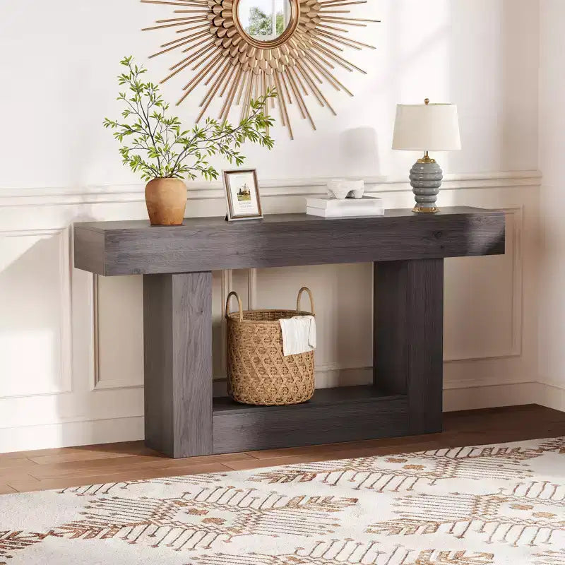 Mesa consola de agroturismo de 63" y 2 niveles con almacenamiento y estación de carga – Marrón / Marrón y gris / Gris