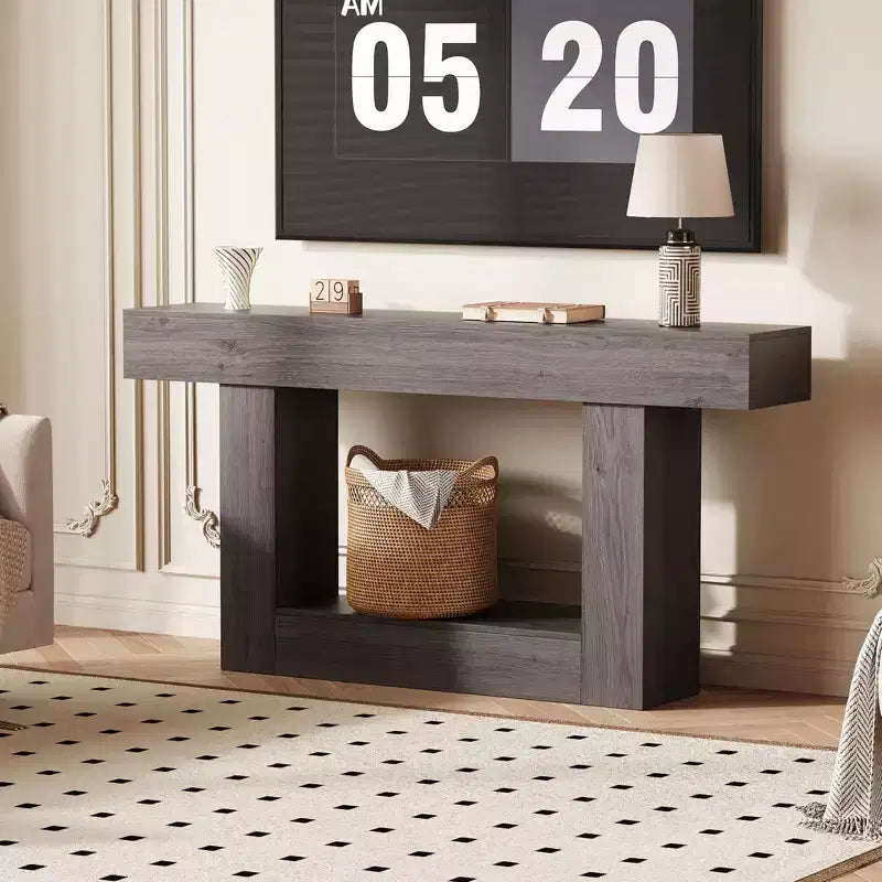 Mesa consola de agroturismo de 63" y 2 niveles con almacenamiento y estación de carga – Marrón / Marrón y gris / Gris
