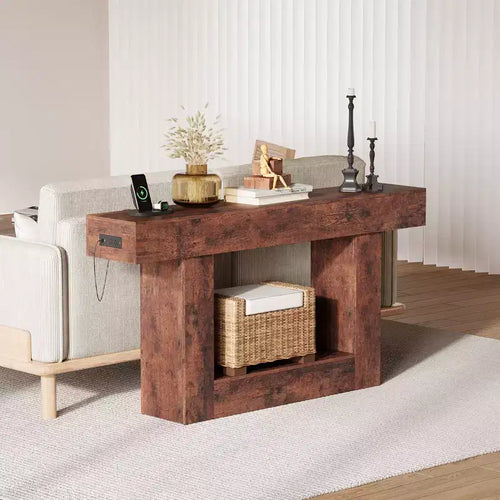 63 Entryway Table, 2 Tier Narrow Long Console Table with Storage & Charging Station, Sofa Table Farmhouse Wood Behind Couch Table for Entrance,Foyer