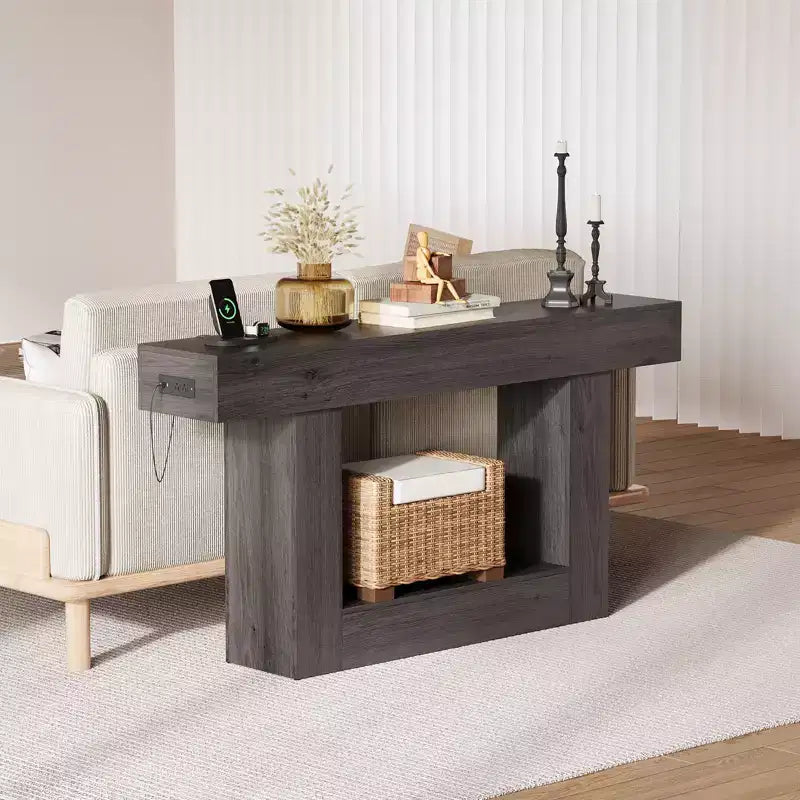 Mesa consola de agroturismo de 63" y 2 niveles con almacenamiento y estación de carga – Marrón / Marrón y gris / Gris