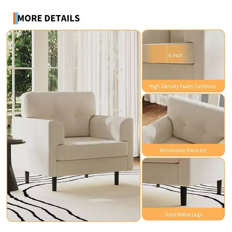 Sillón tapizado de lino verde/blanco, asiento individual, para sala de estar y dormitorio