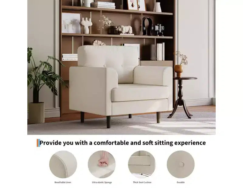 Sillón tapizado de lino verde/blanco, asiento individual, para sala de estar y dormitorio
