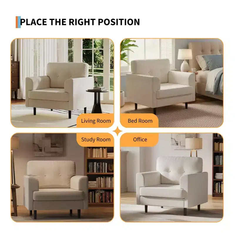 Sillón tapizado de lino verde/blanco, asiento individual, para sala de estar y dormitorio